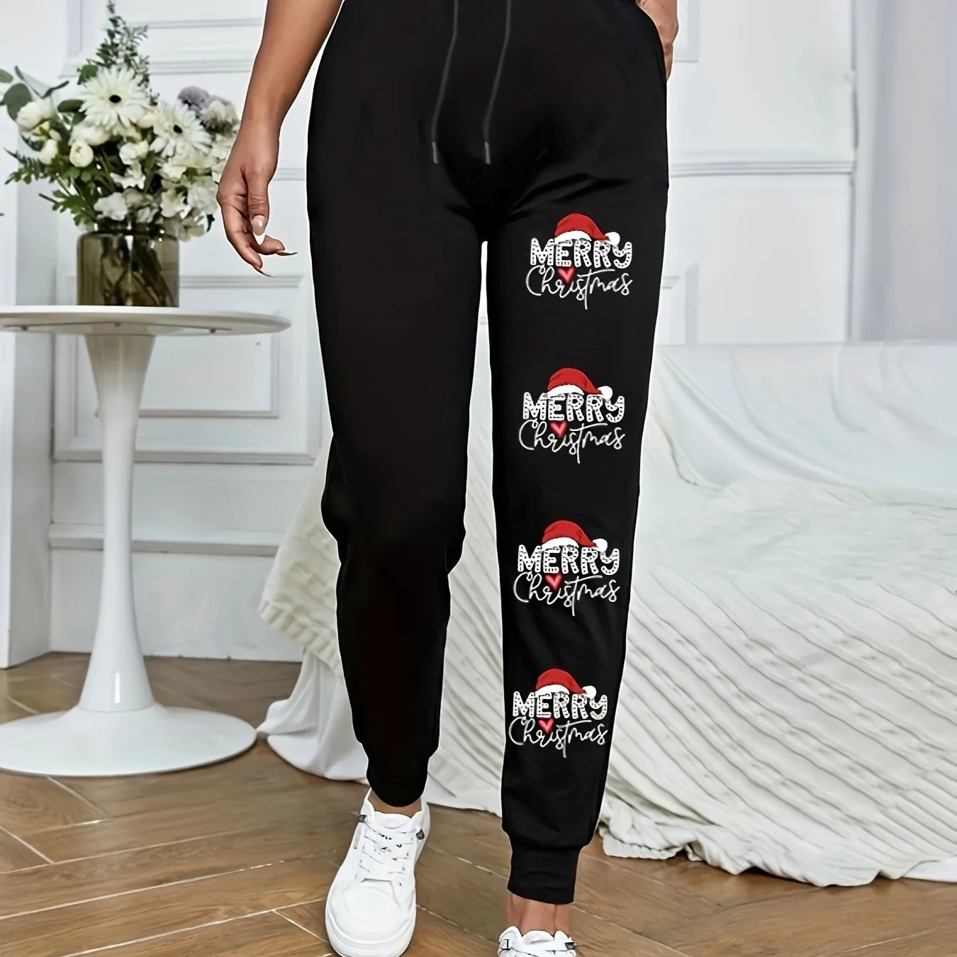 Christmas Print Drawstring Sweatpants, Casual Slant Pocket Fitted Bottom Pants For Fall & Winter, Women's Clothing