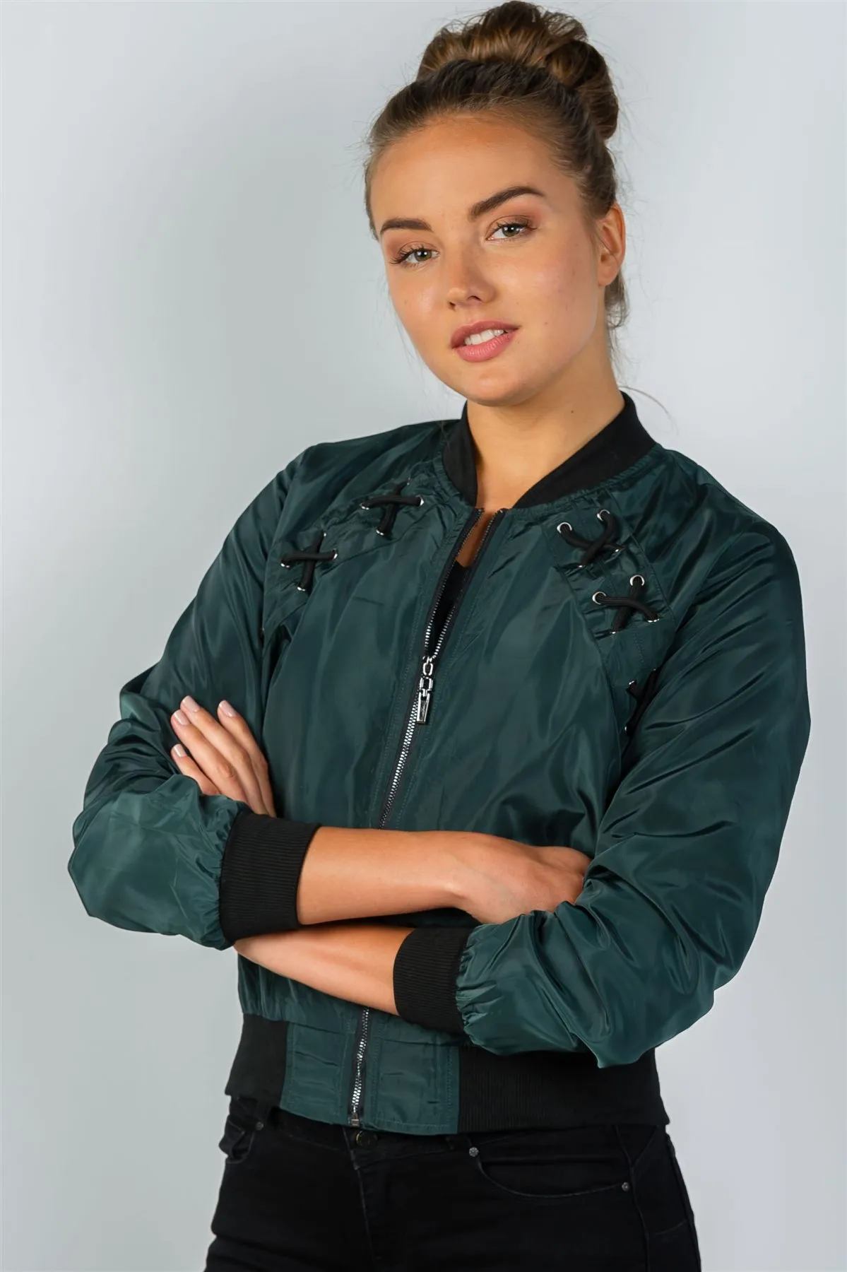 Ladies fashion front zipper closure sides lace-up bomber jacket