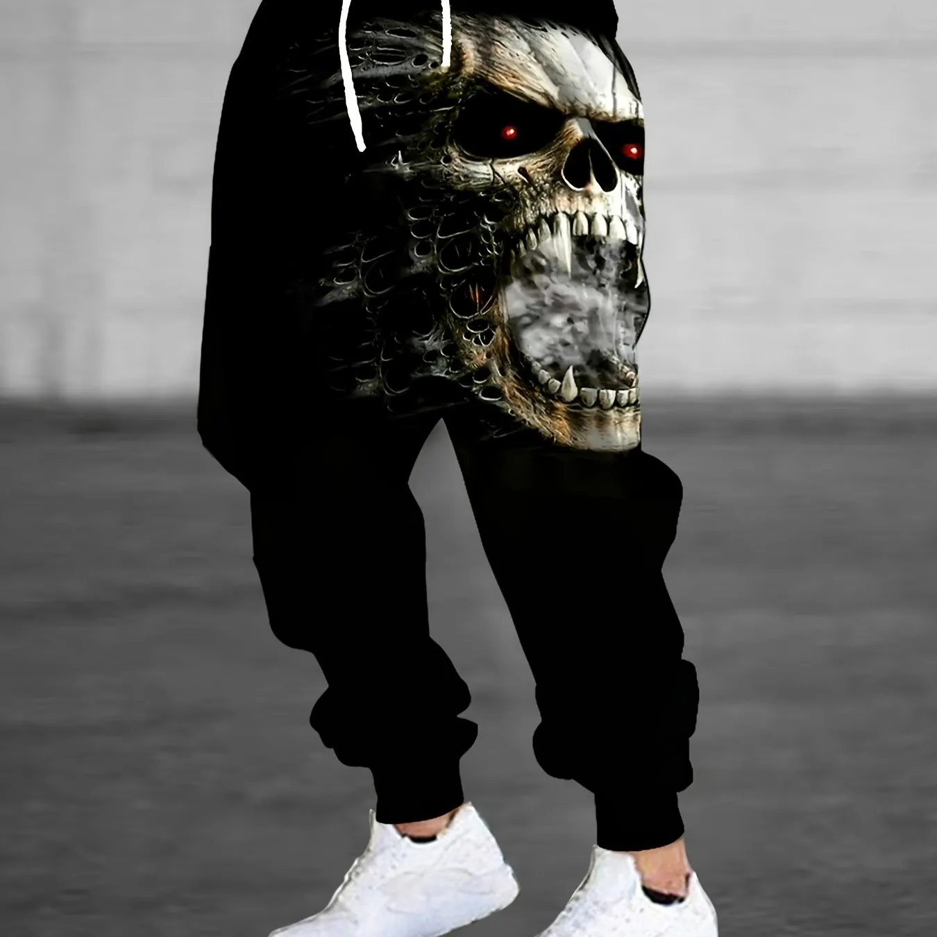 Men's 3D Skull Print Casual Drawstring Pants with Pockets, 100% Polyester, Knit Fabric, Slight Stretch, Regular Fit Trousers, Halloween All Over Print Design