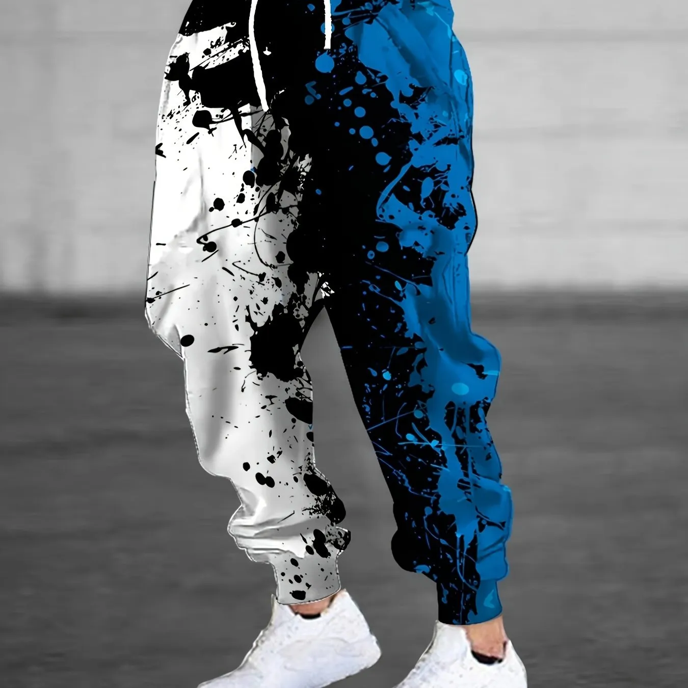 Men's Color Blocking Ink Splashing Print Jogger Pants with Drawstrings, Casual Sports Trousers As Gift