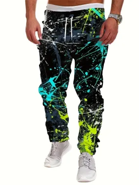 Men's Sports Style Casual Printed Pants - Street Style Jogger Pants with Color Splash Pattern, Polyester Knit Fabric, Regular Fit, All-Season, with Pocket Details - For Men - Suitable for Casual Wear, Sports & Outdoor Activities - Great Gift