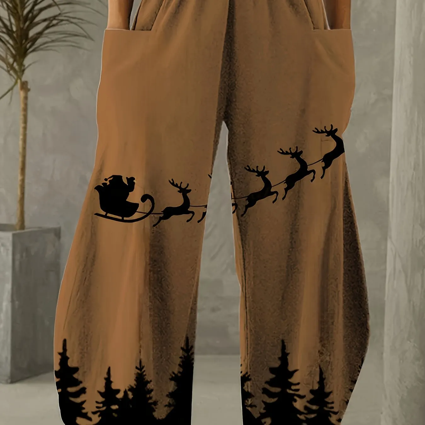 Wide Leg Christmas Print Pants, Elastic Waist Casual Dual Pockets For Spring & Summer, Women's Clothing